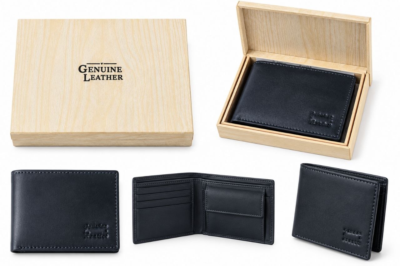 Premium Black Genuine Leather Style Men’s Bi-Fold Wallet with Wooden Gift Box