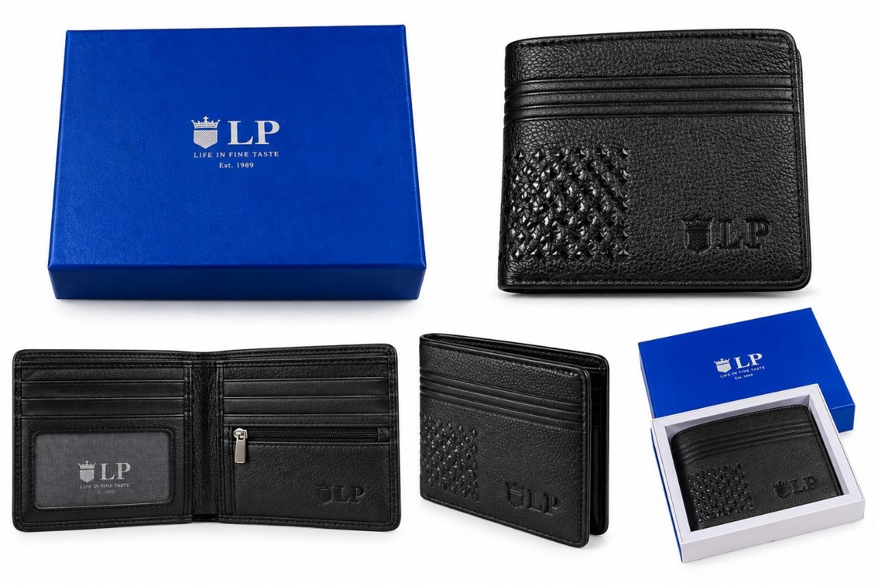 Premium Black Textured Men’s Bi-Fold Wallet with Gift Box