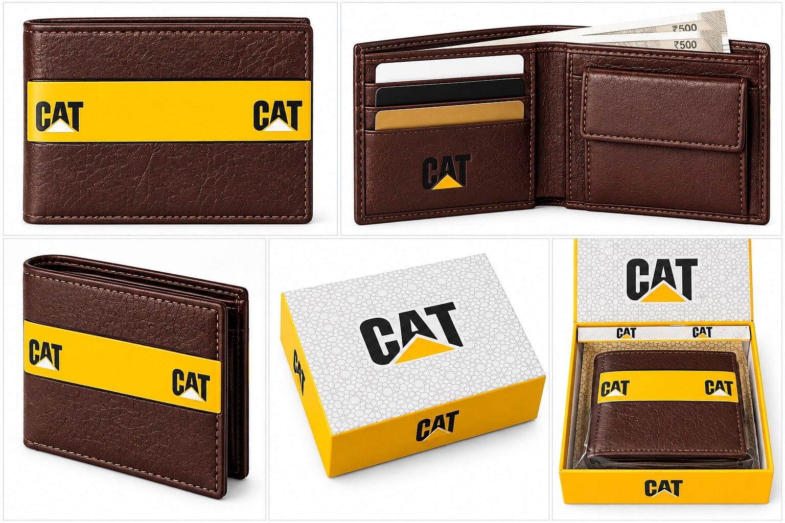 Premium Brown Textured Men’s Bi-Fold Wallet with CAT Gift Box
